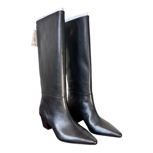Zara Women's Black Leather Block Heel Pointed Toe High Boots US 7.5 Sz 38 $179 - Picture 3 of 13